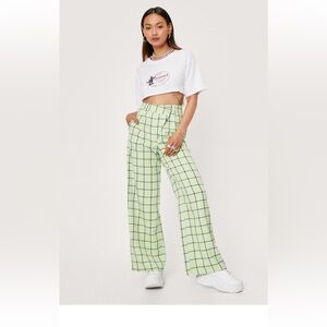 Petite check print asymmetrical wide leg pants